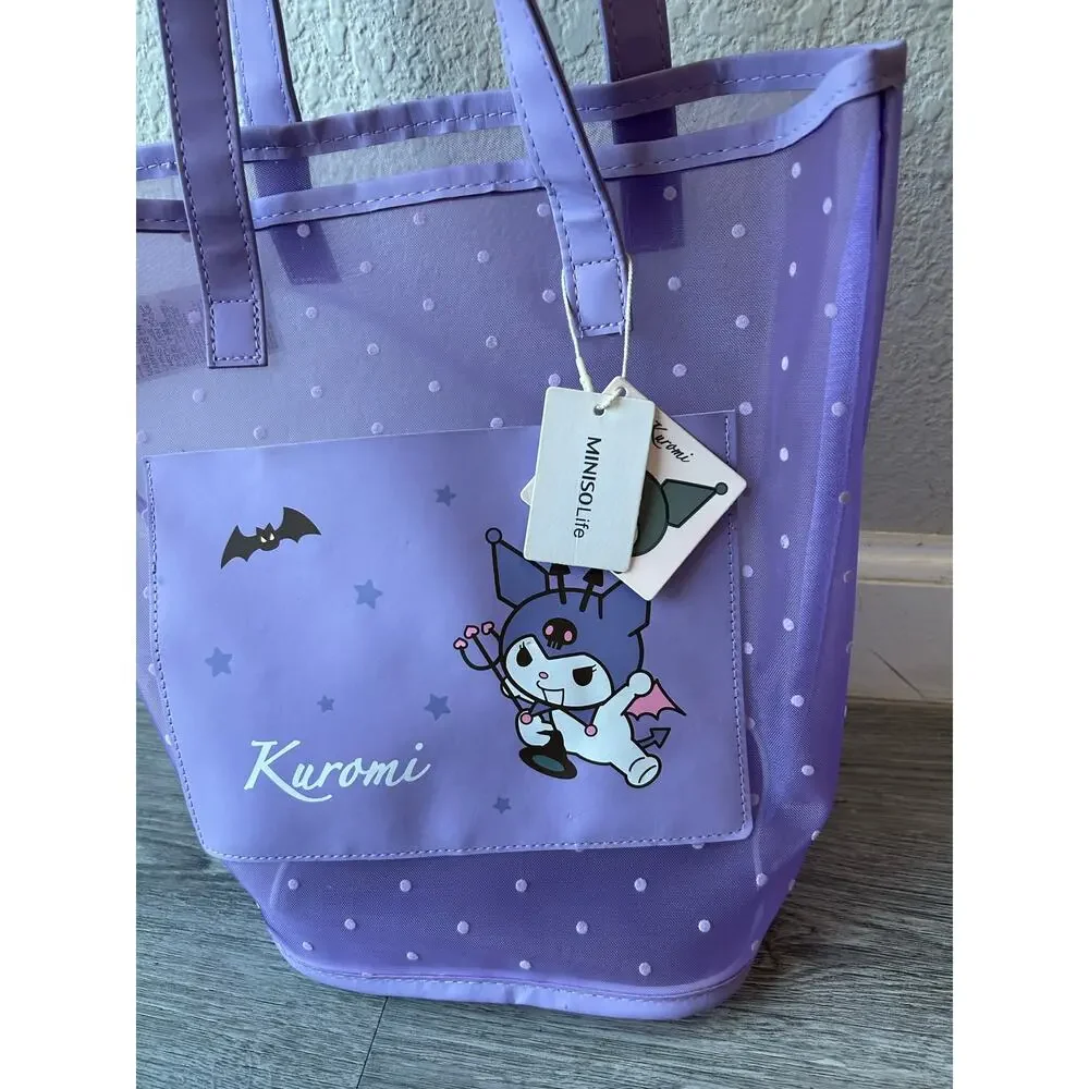 NWT Miniso Sanrio Kuromi Purple Mesh Tote Bag Polka Dot Shoulder Bag Kawaii New